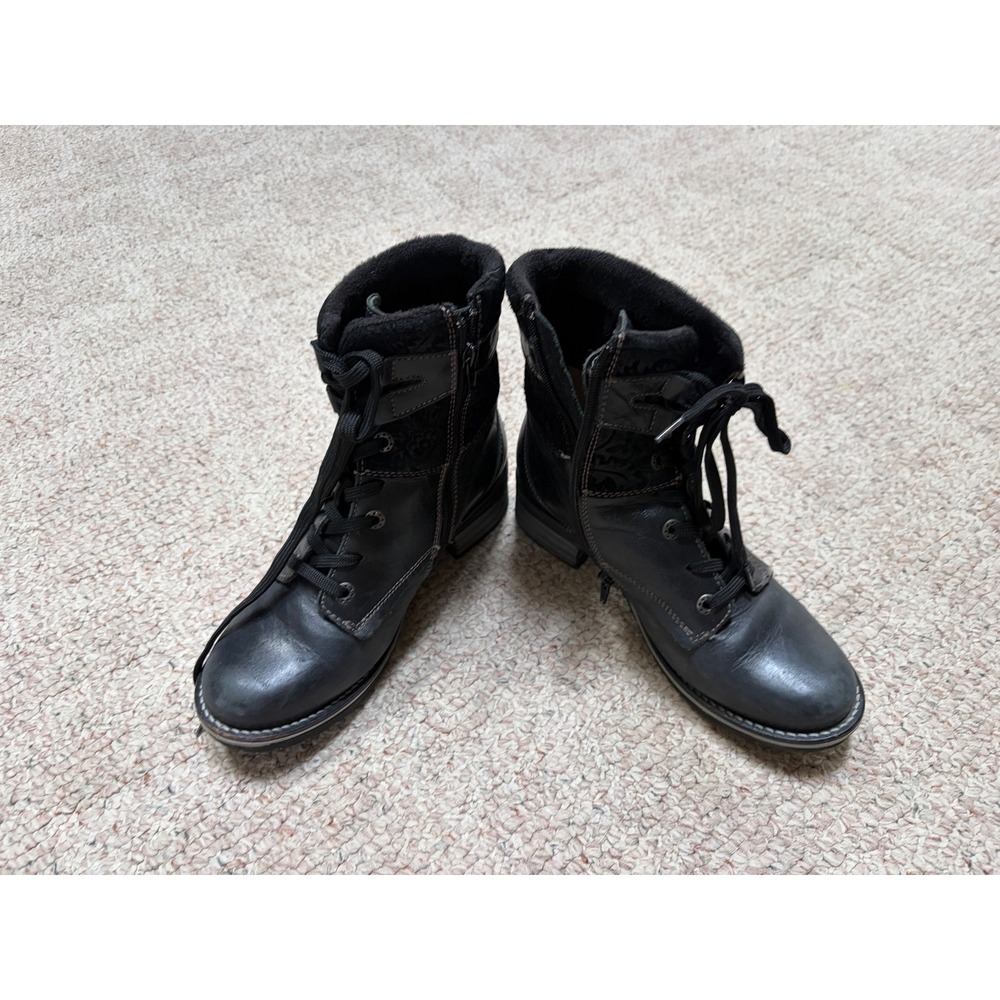 Dromedaris Women Black Leather Floral leather Lace Up Zip Combat Boots Size 39